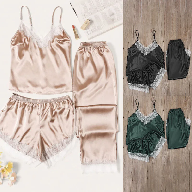 3Pcs/Set  Elegant Lace Pajamas Women Sexy Lingerie  Nightwear  Sleepwear Cute Plain Set Pyjama