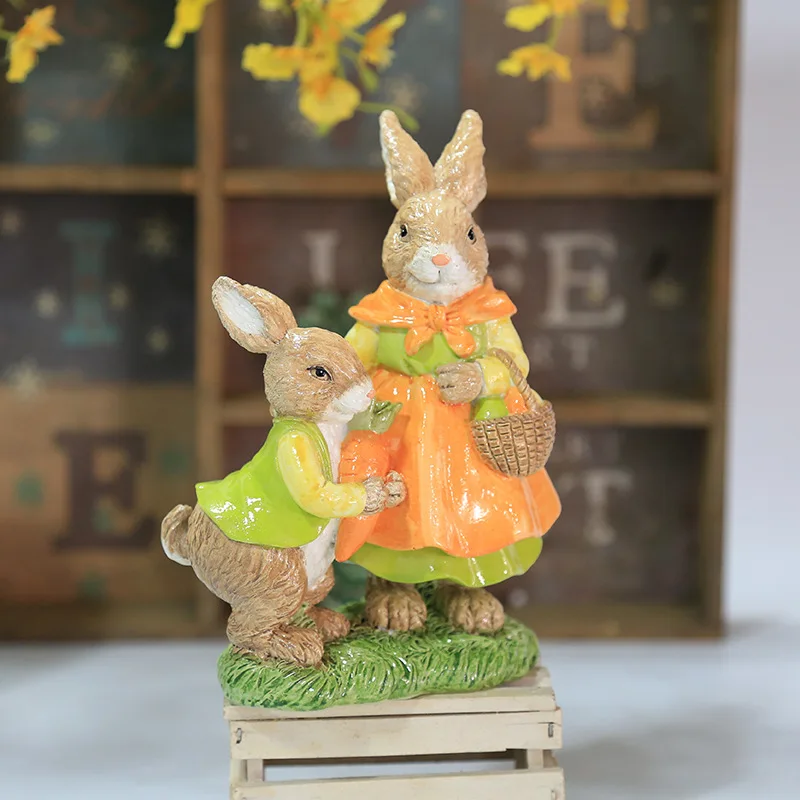 

American color oil painting mother and child rabbit bedroom small decoration desktop window creative decoration couple rabbit