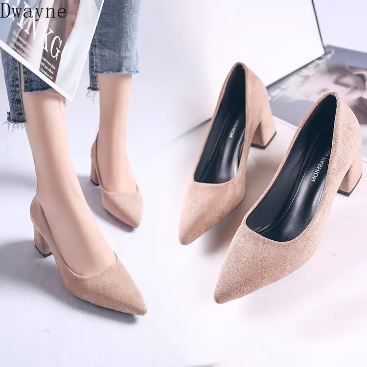 2019 New Korean Pointed Suede Single Shoes Square Heel High Heels Professional Work Sexy Elegant Womens Party Pumps | Обувь