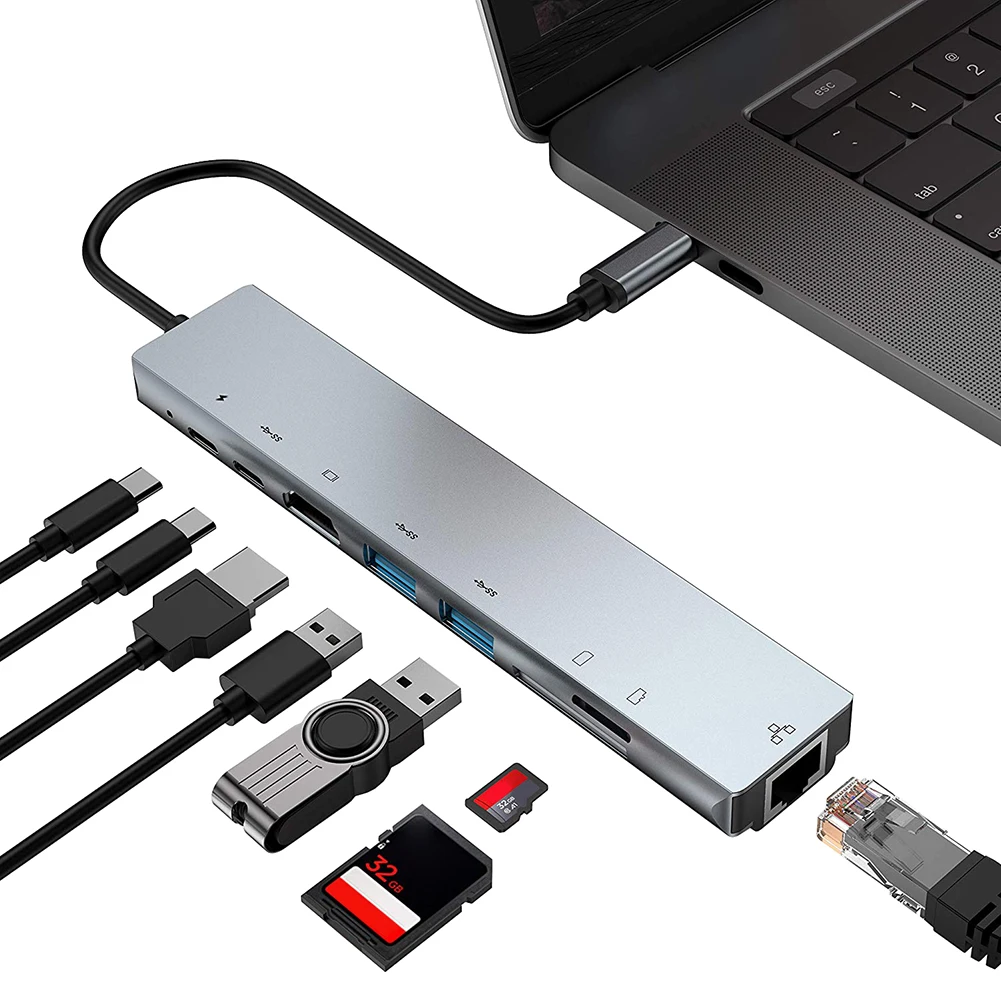 

Notebook Smartphone Expansion Converter 8 in 1 USB C Hub to HDMI-compatible RJ45 USB 3.0 PD Fast Charge Adapter Dock