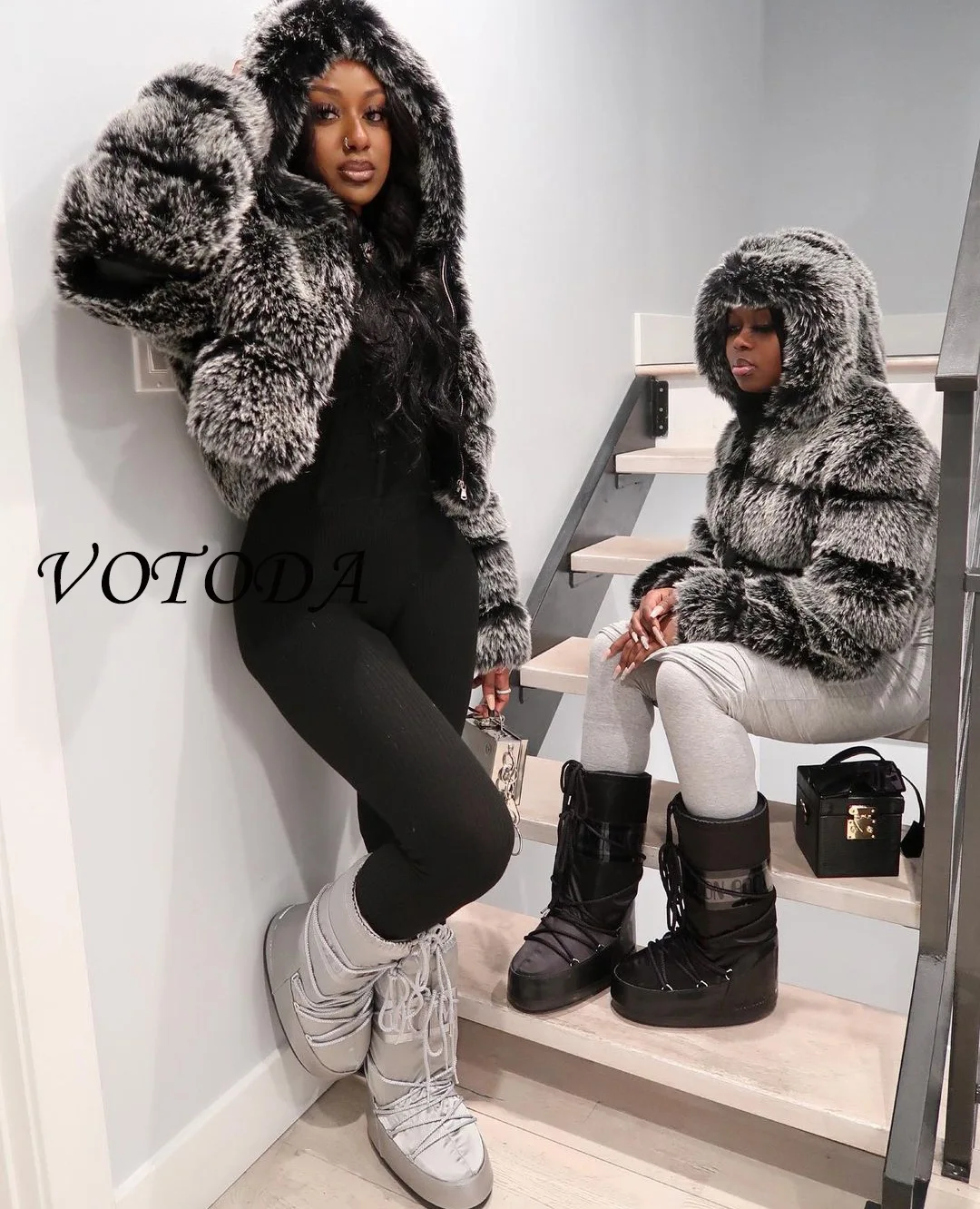 2022 winter new imitation fur coat fashionable street fur personality stitching zipper net red hot-selling hooded jacket