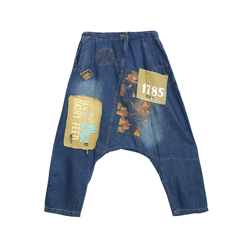 

QING MO Woman Wash Water Printing Jeans 2020 Autumn Personality Elastic Waist Harem Pants Loose Cropped Pants Blue LHXX353
