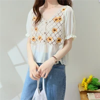 korean retro daisy embroidery stitching chiffon shirt design sense all match top blouses for women