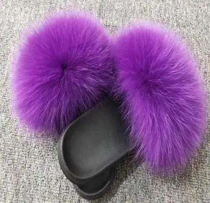 Purple Тапочки унисекс с натуральным лисьим мехом; женские сандалии с мехом; женские меховые шлепанцы; женская пушистая домашняя обувь на плоской подошве; женские кроссовки; Лидер продаж - Цвет: Purple