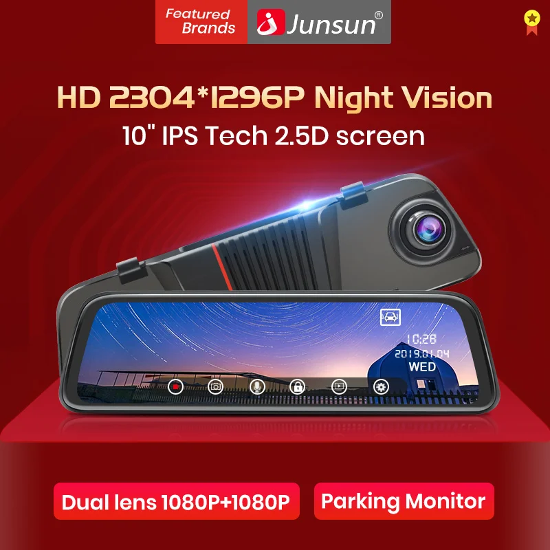 Junsun H16, новинка, технология 2.5D, FHD, 1296 P, поток, медиа, зеркало заднего вида, DVR, двойной объектив, тире, камера, 10 дюймов, ips, ночное видение, парковочный монитор