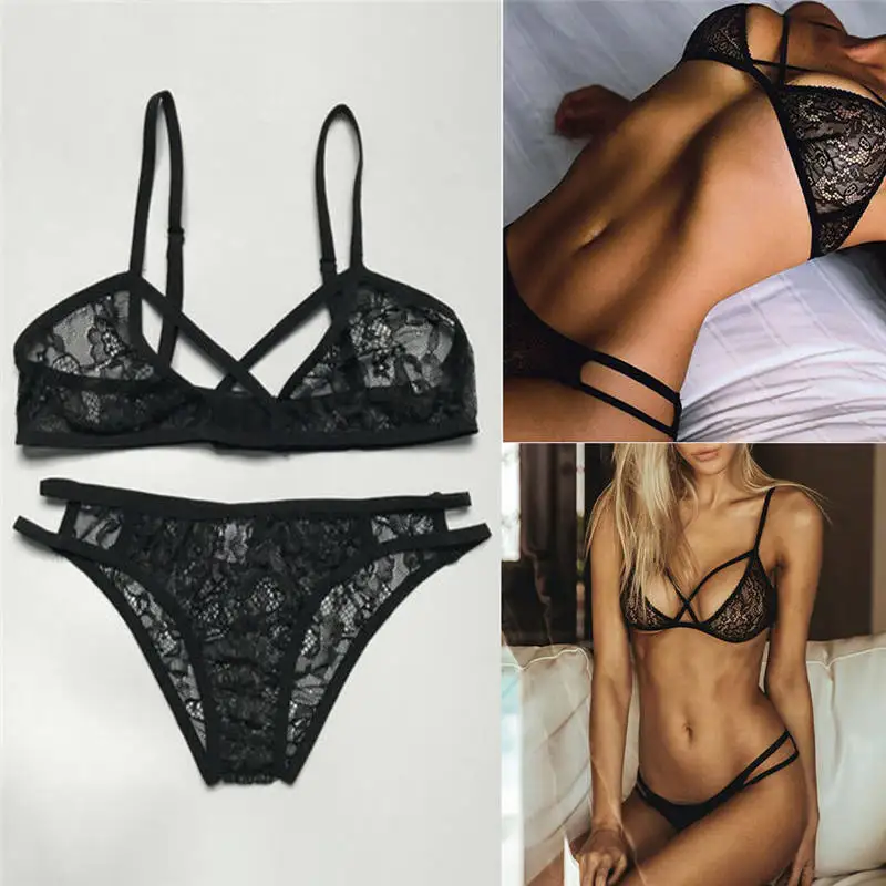 Нижнее белье сексуальный комплект с бюстгальтером женское черное кружевное из