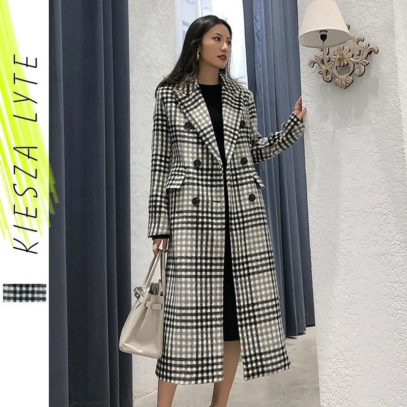 Женское длинное шерстяное пальто черно белое Свободное в клетку верхняя одежда