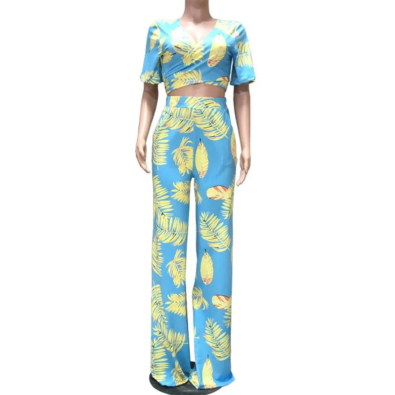 

Fashion Solid Casual Short Sleeves Tracksuits V-Neck Two Pieces Crop Tops +Skinny Wide Leg Pants Sports Outfits Newest 2021
