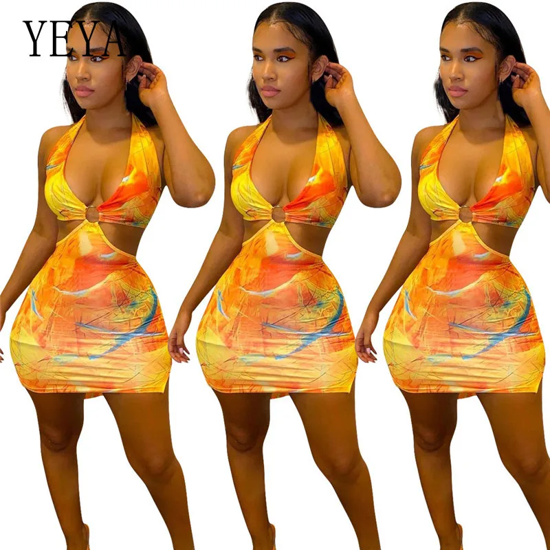 

KEXU Colorful Print Mini Dress Sexy Halter Off Shoulder Package Hip Side Split Backless Sleeveless Party Club Skinny Bodycon