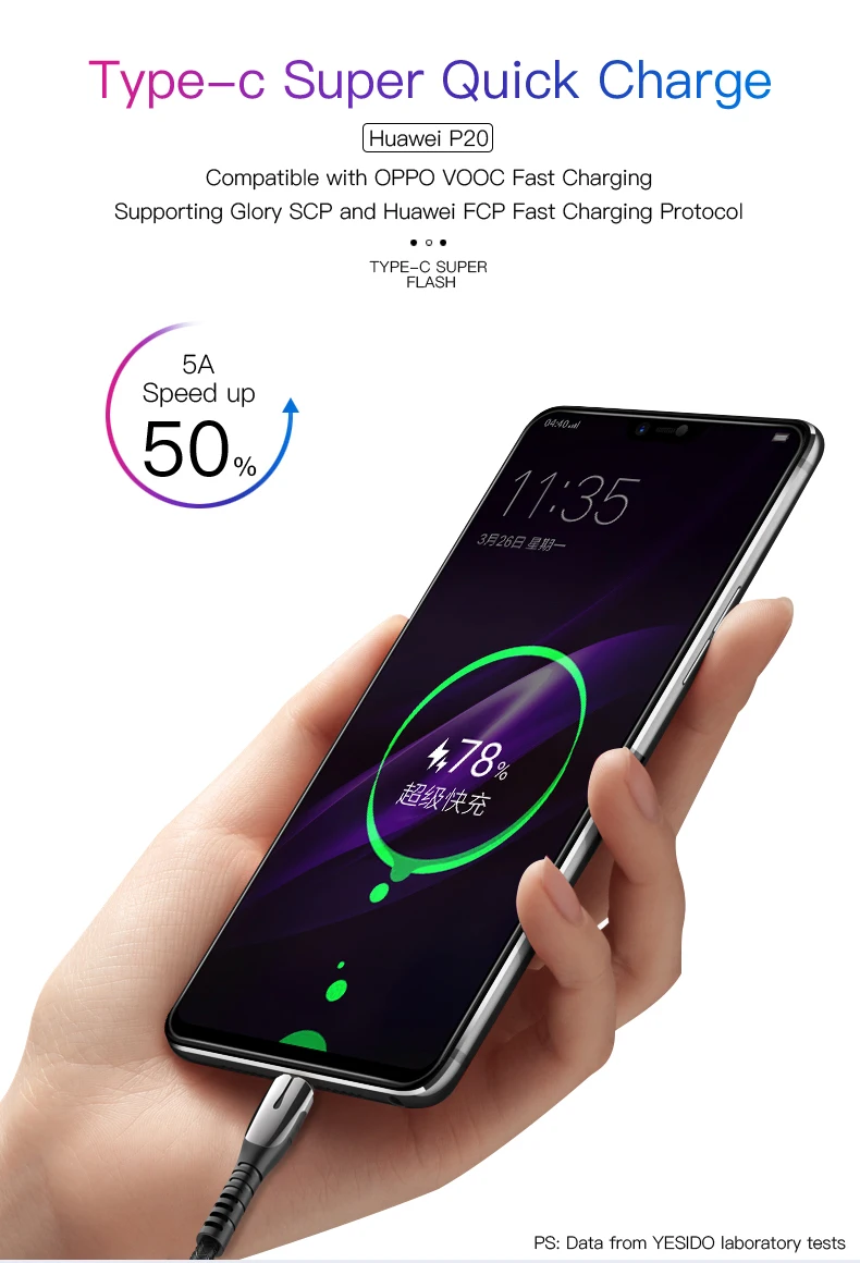 Yesido CA45 5A быстрое зарядное устройство usb type C кабель для huawei mate 20 mate 20 Pro P20 samsung Supercharge Быстрая зарядка провод USB C кабель