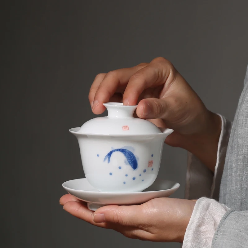 130 мл ручная роспись Koi Fish Gaiwan белая керамическая фарфоровая китайская чайная