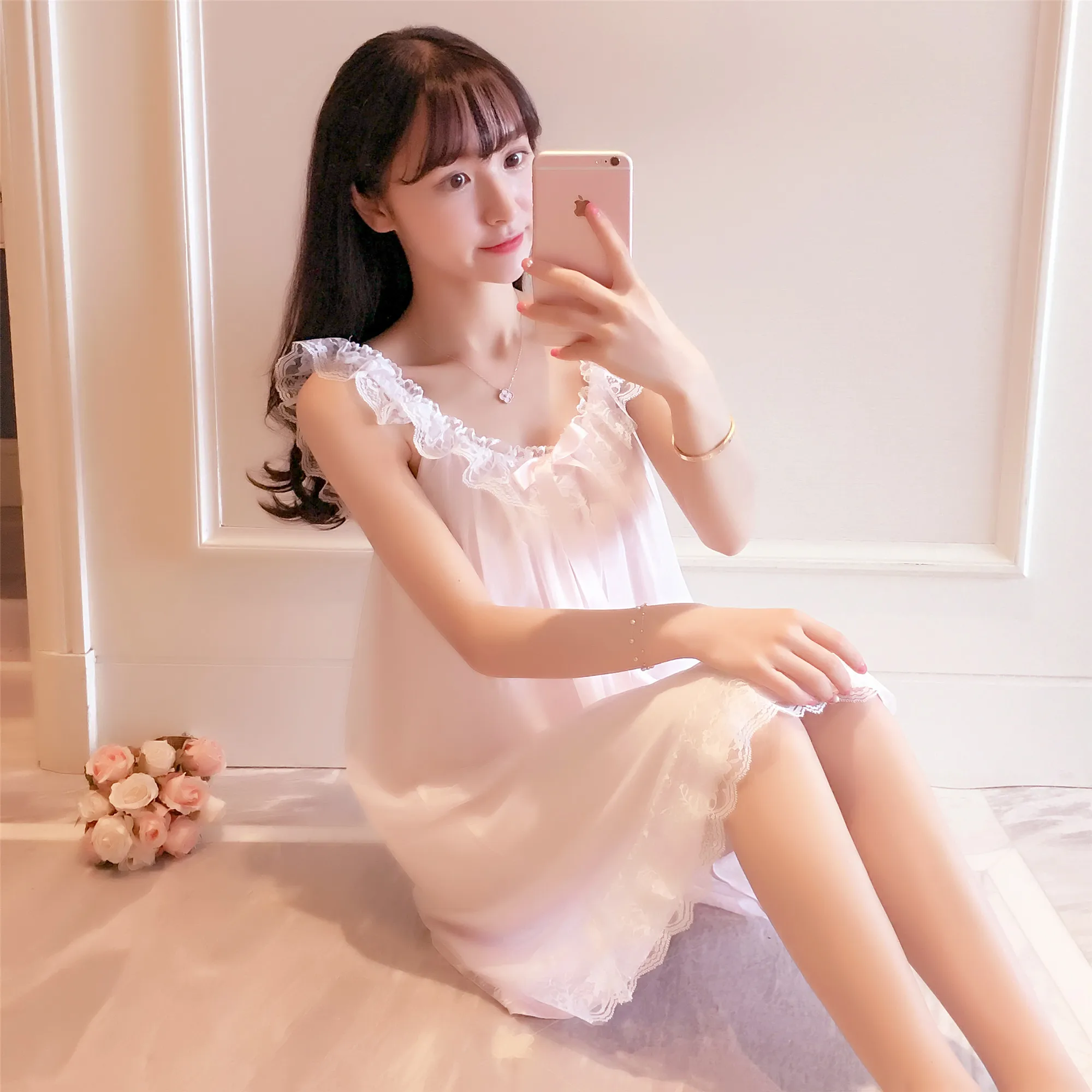 Summer Women Silk Sleepwear Sexy Princess Shoulder-Straps Nightgown Ruffle Lace Patchwork Chiffon Female Dress Sweet Sleep | Женская