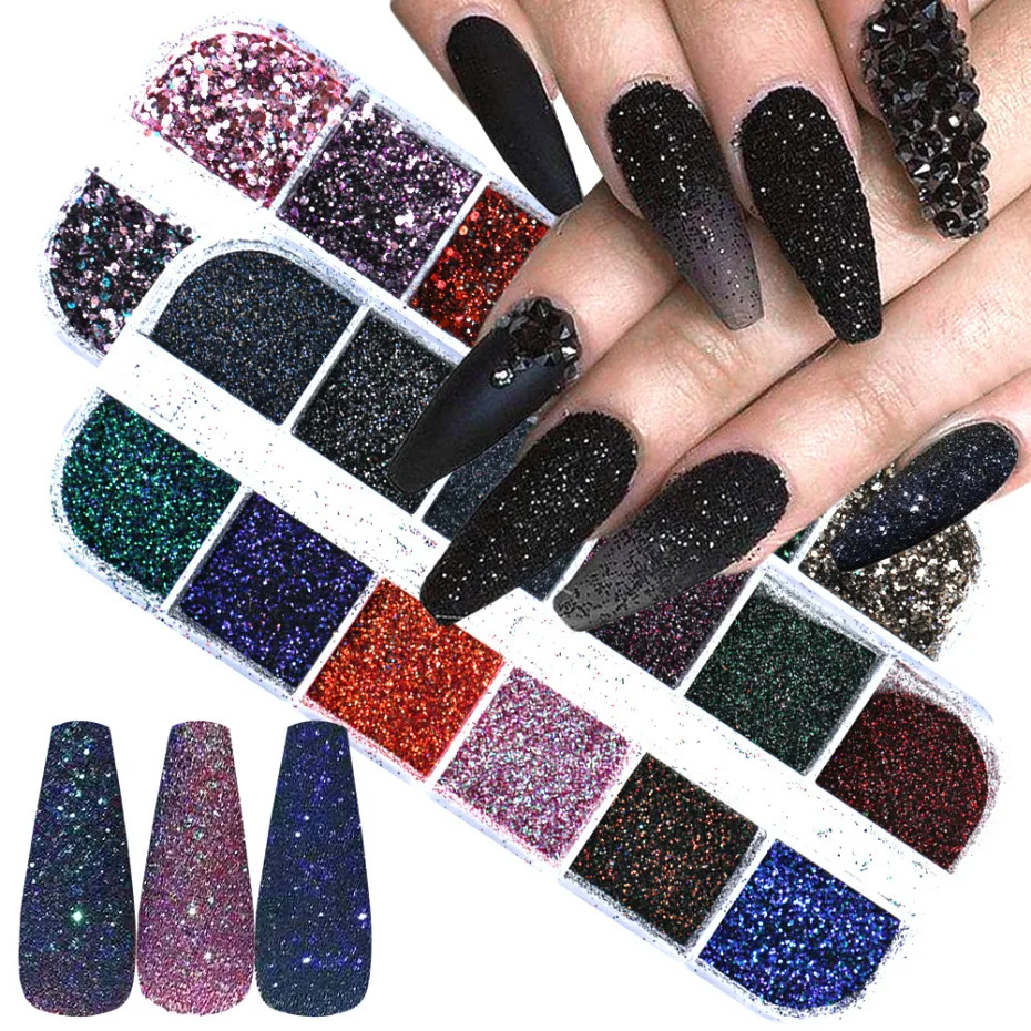 

12 Grids Nail Glitter Set Holographic Sparkles Flakes 3D Chrome Pigment Dust Hexagon Mermaid Sequins Dried Flower Decor