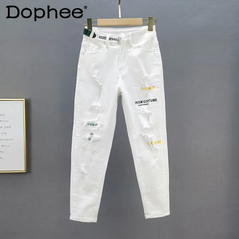 

White Ripped Jeans Women's 2021 Summer New Thin Stretchy High Waist Slimming Denim Pants Letter Printed Cropped Skinny Trousers