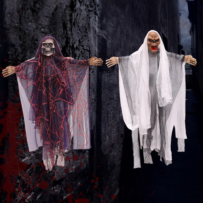 

Halloween Hanging Ghost Voice Control Haunted House Skeleton Ghost Scene Layout Props Creepy Decoration Haunted Skull Bowl