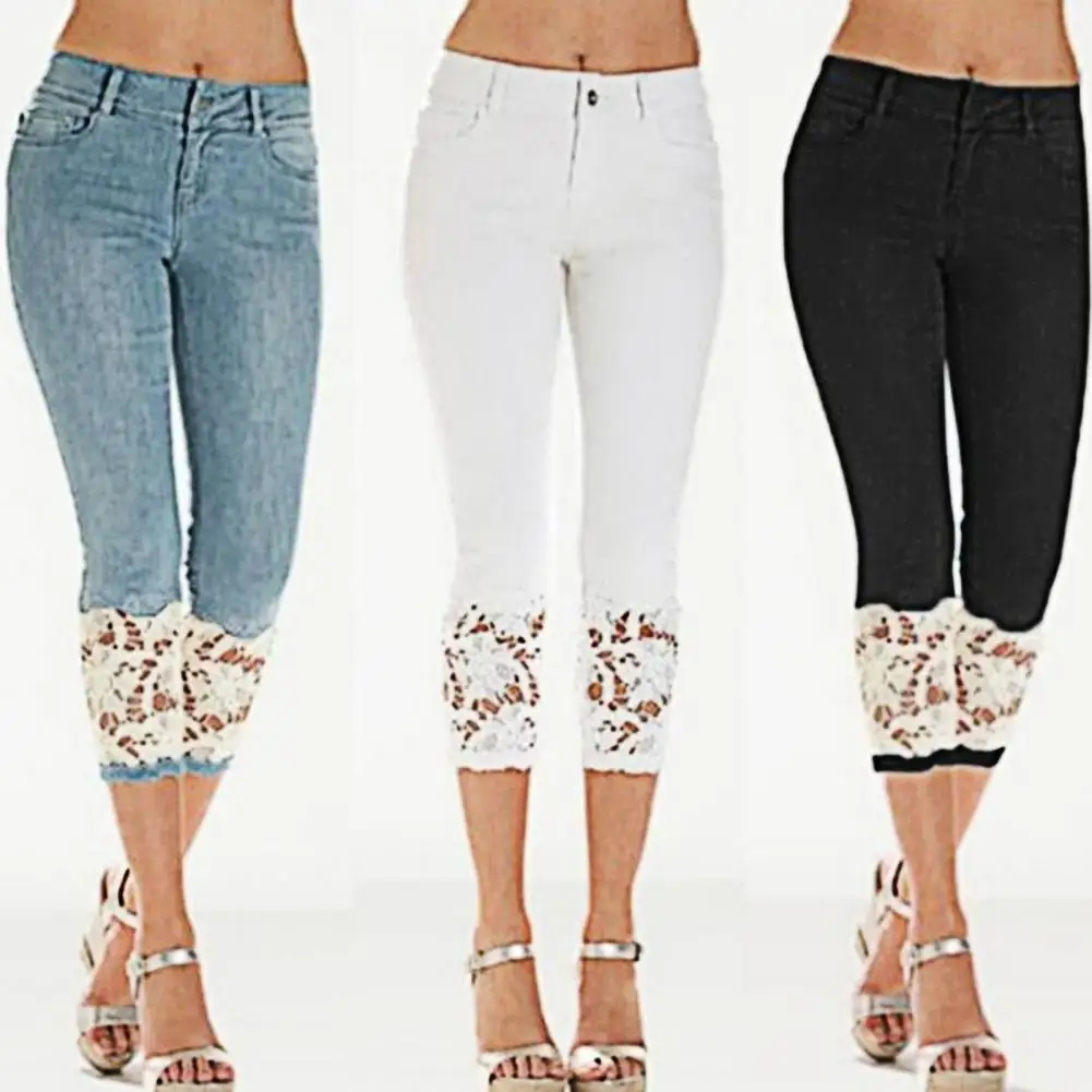 

Capri Pants Lace Stretchy Women Calf Length Mid Rise Jeans Female High Waist Stretch Skinny Denim Shorts Pants Summer