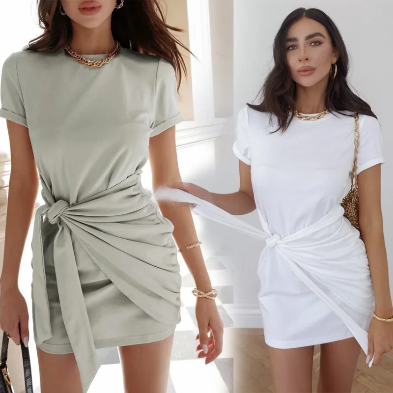 

Ruched Causal Women Summer Dress Lady Short Sleeve Turn Down Collar Mini Dresses Female Soild Homewear Vestidos For Party New