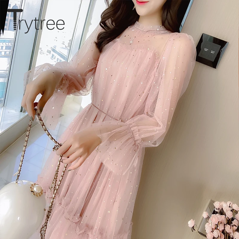 Trytree 2020 весеннее женское Повседневное платье с воротником стойкой расклешенными