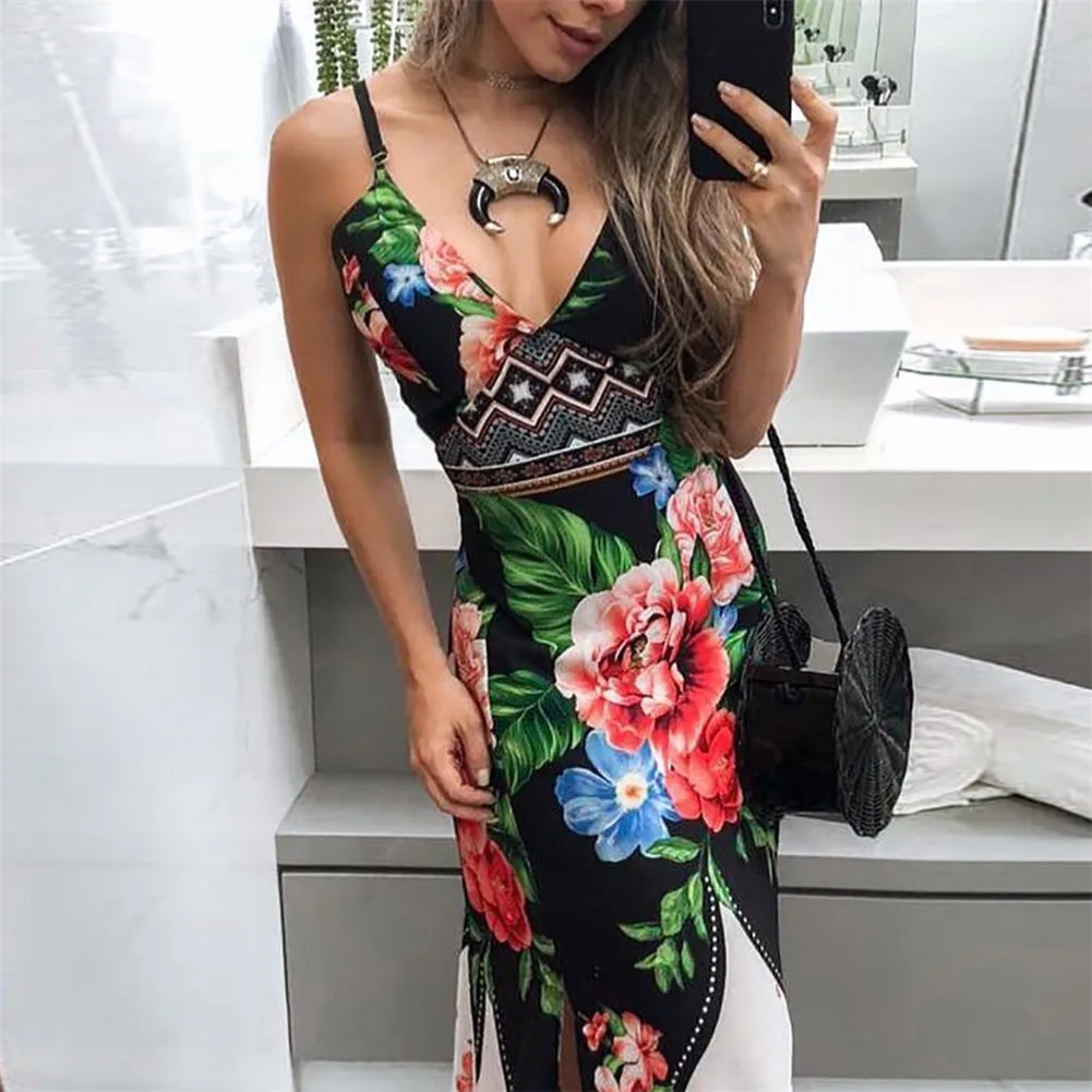 Женское платье на бретельках с v-образным вырезом цветочным принтом Боковым
