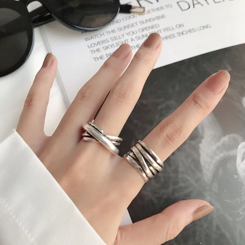 

MEYRROYU 925 Sterling Silver Rings Korean Fashion Multi-Layer Woven Geometric Ring Men and Women Couple Party Jewelry Adjustable