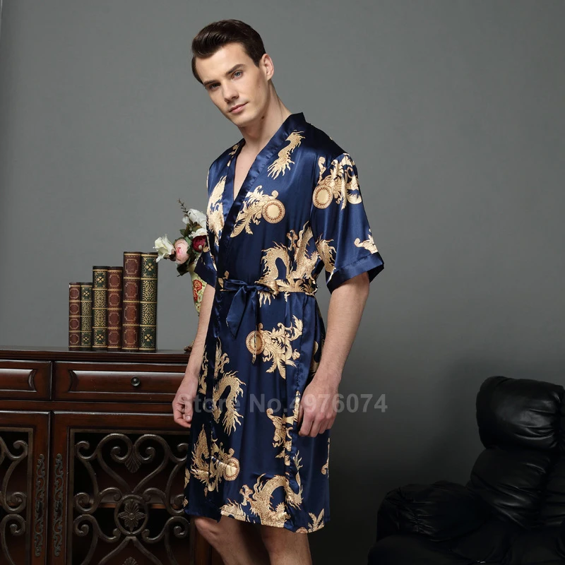 Мужское кимоно кардиган пижама с драконом Женская атласная шелковая Домашняя