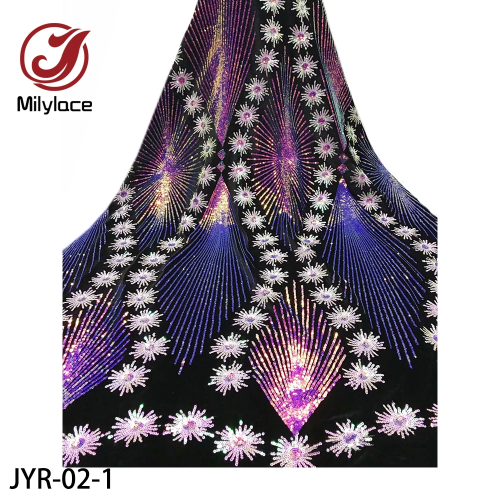 

New African Velvet Fabric Nigeria Embroidered 5 Yards High Quality Sequins Lace Fabric for Dress JYR-02