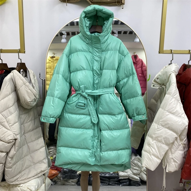 Women 2023 New Casual Waist Waist Hooded Bread Jacket Women Streetwear Korean Simple Belt Long Knee-length Straight Down Jacket