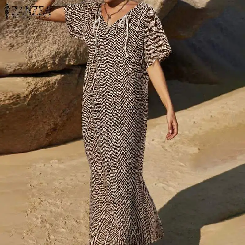

Fashion Striped Printed Sundress Women Bohemian V Neck Short Sleeve Maxi Long Dress ZANZEA Vintage Kaftan Vestidos Robe Femme