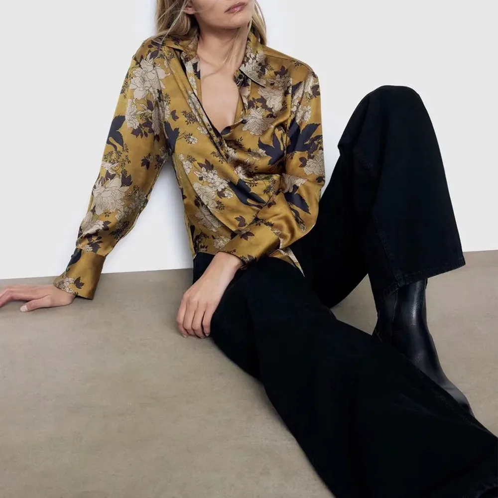 

Za Spring New Retro Flower Print Shirt Holiday Style Loose Casual Chiffon Shirt Women's Long Sleeve Ethnic Style Polo Collar Top