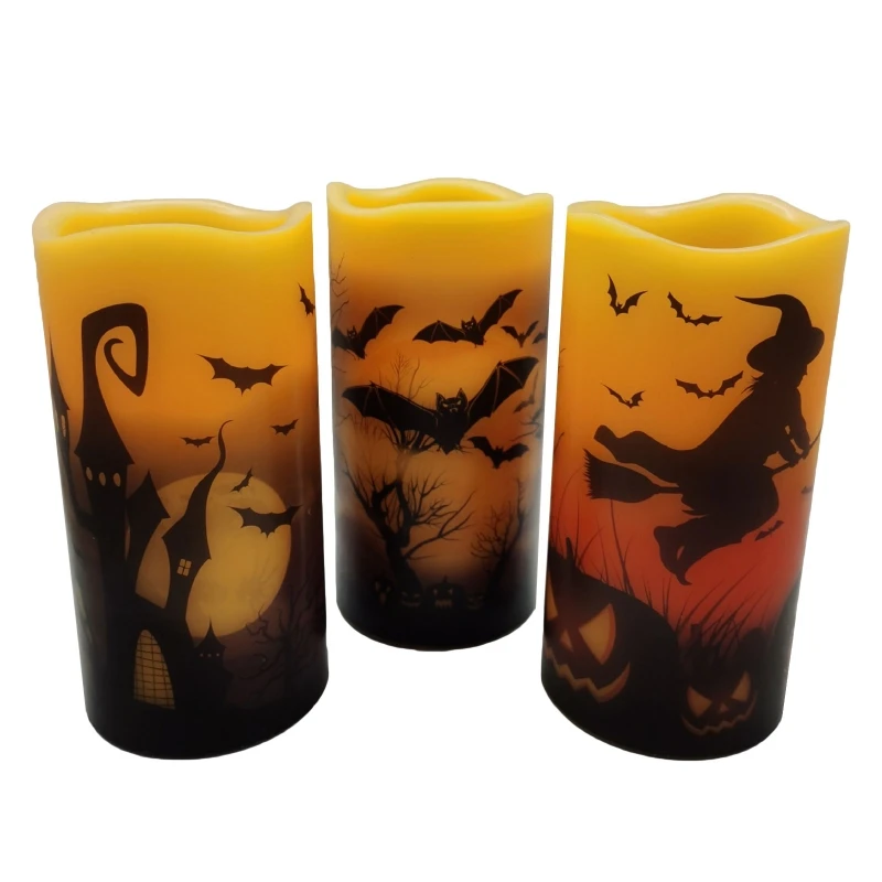 

3pcs Flameless Flickering Candles Battery Operated LED Pillar Light Halloween Castle Witch Bats Decoration