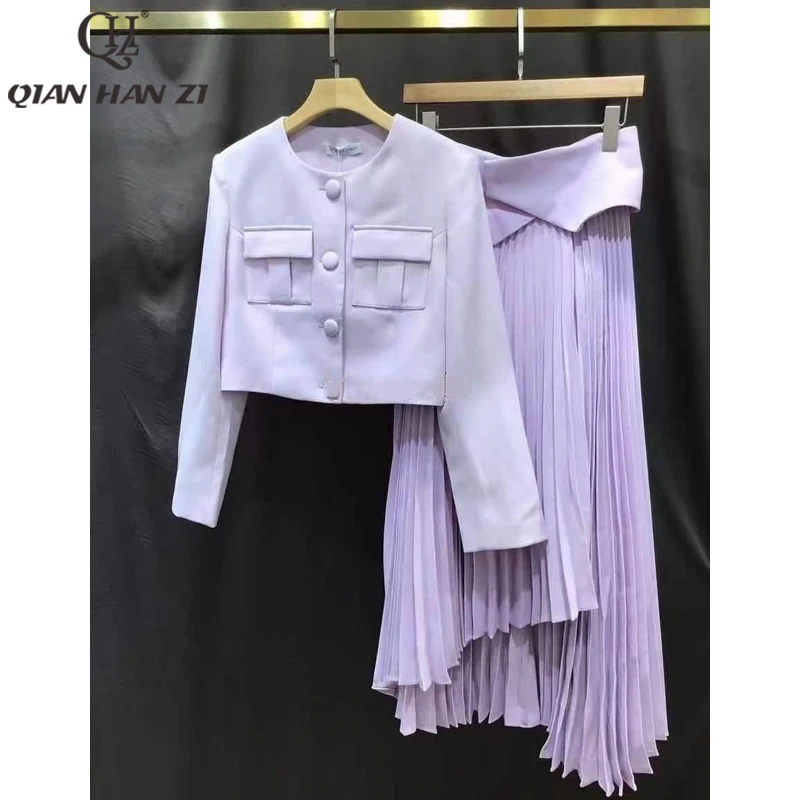 

Женский костюм Qian Han Zi, осенний комплект из двух предметов, короткое пальто с длинными рукавами и карманами + элегантная ассиметричная юбка в складку