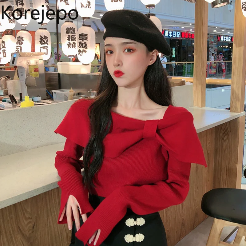 

Korejepo Sweater Gentle Japanese Short Women's 2021 New Spring and Autumn Long Sleeve Red Sweaters Slim Temperament Top