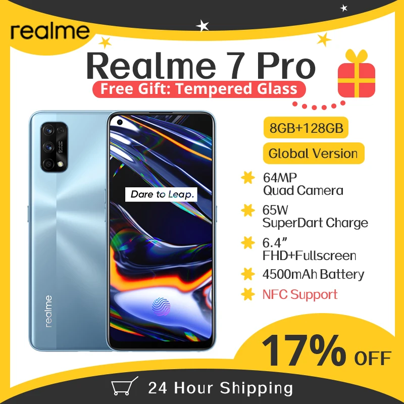 Realme 7 Pro 6 4 дюйма FHD + 8 Гб 128 Смартфон 65 Вт SuperDart Charge 10 В/6 5a 64 мп полноэкранный