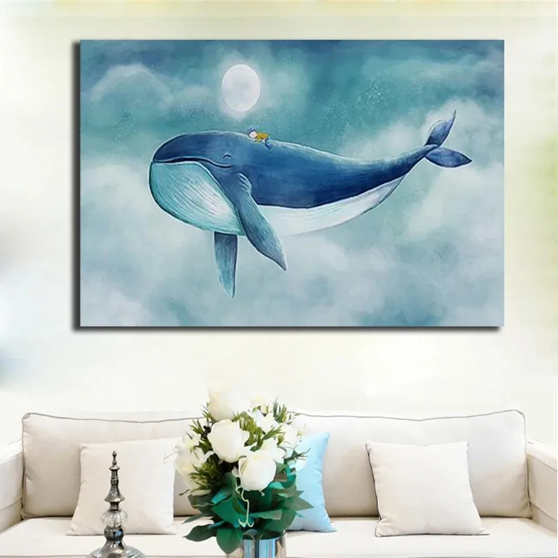 

Lovely Blue Whale Canvas Painting Modern Cartoon Seascape Poster And Prints Home Decoration Cuadros Wall Picture For Children