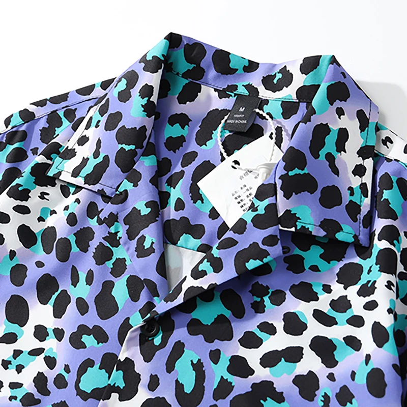 Harajuku Summer Hawaiian Beach Shirts Leopard Print Hip Hop Button Shirt Mens Fashion Short Sleeve Holiday Party Blouse Tops