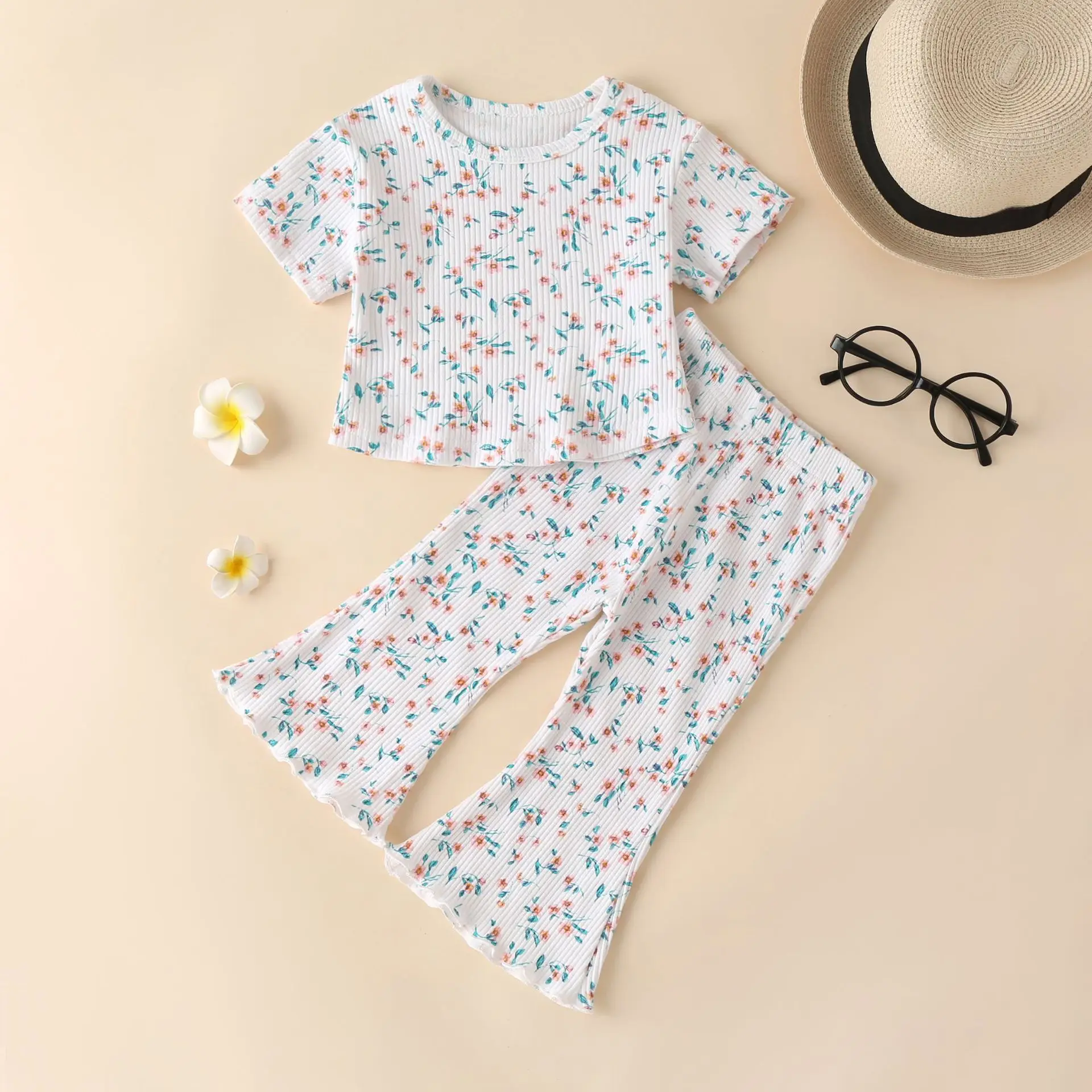 

Fashion Newborn Kids Baby Girls 2-piece Outfit Set Short Sleeve Top+ Flared Pants Set Summer Toddler Infant Casual Clothes