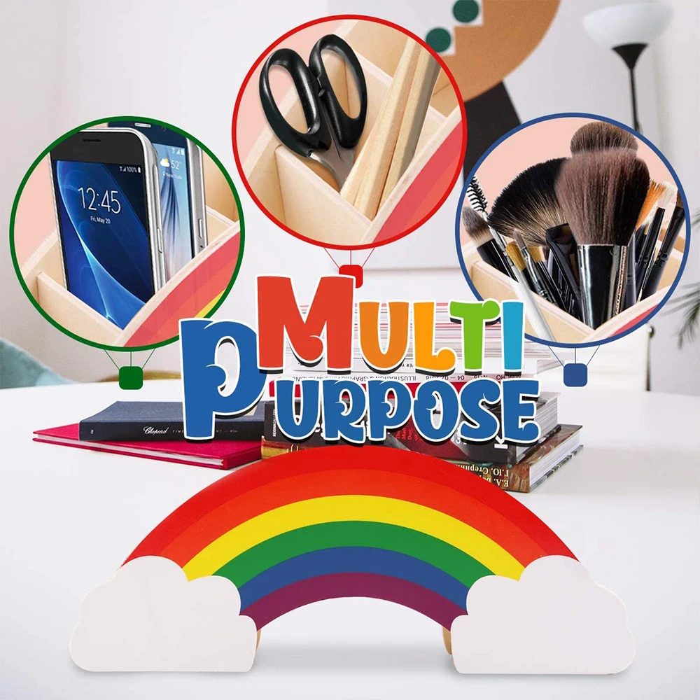 

Wooden Pen Holder Creative Rainbow Desktop Stationary Organizer Multifunctional Make up Brush Pencil Holder for Office