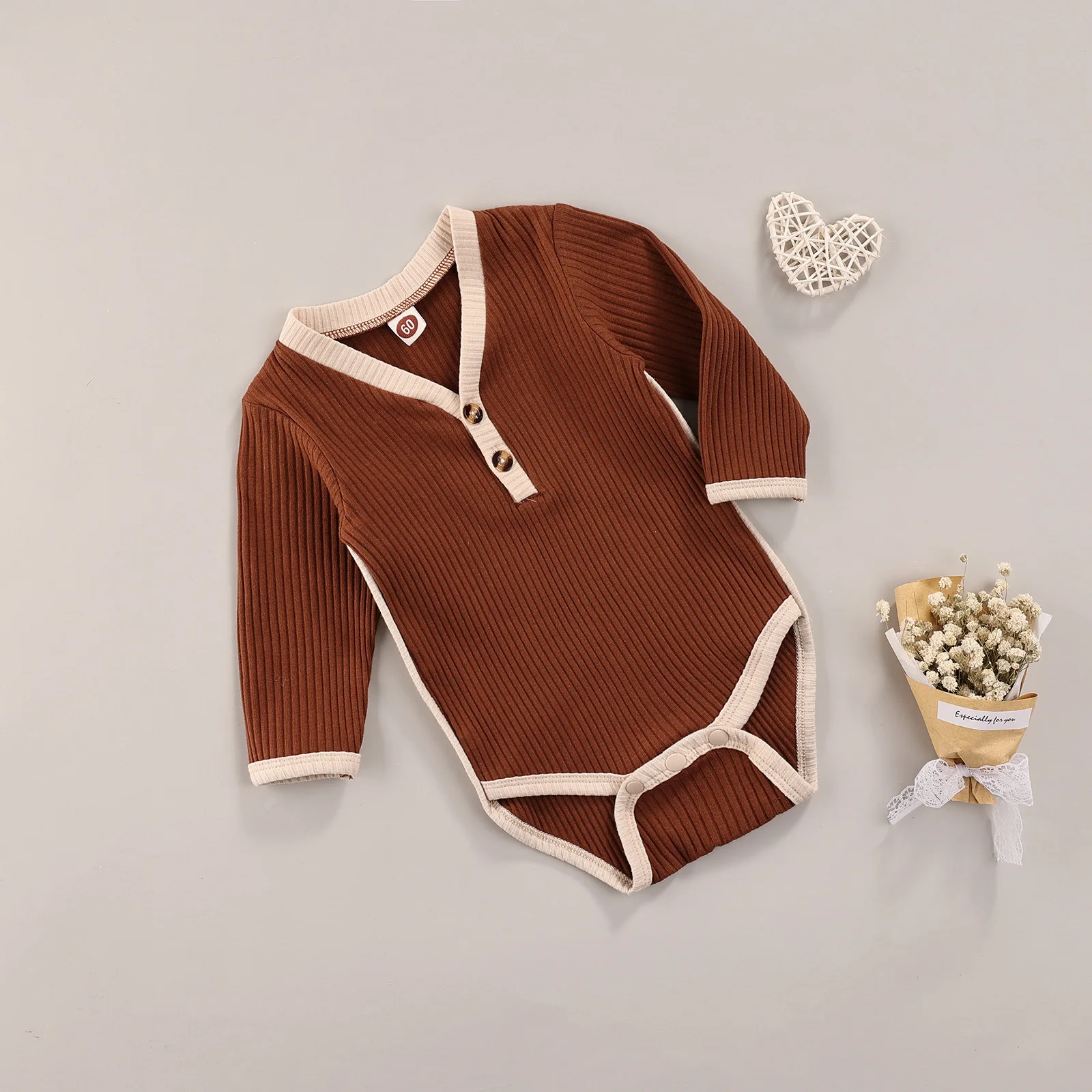 

Solid Baby Kid Clothing Solid Baby Romper, Long Sleeve v Neck Crotch Button Ribbed Knitting Loose Fall Jumpsuit for Boy Girl