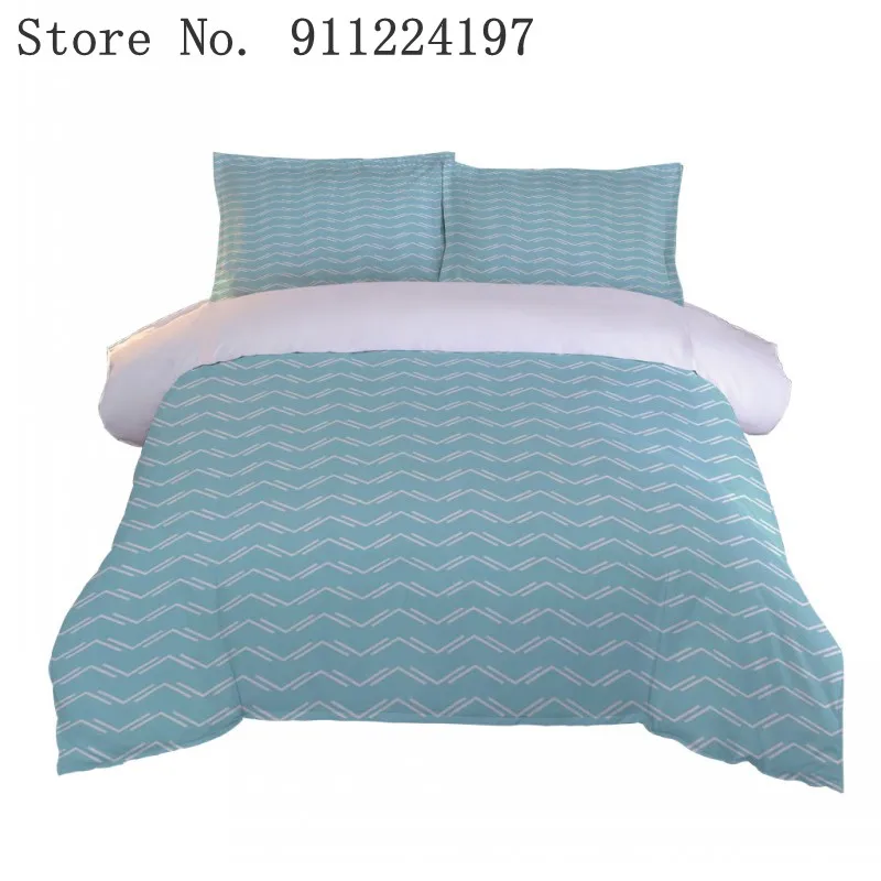 

Simple Bedding Set Super King Duvet Cover Sets Single Queen Size Blue Color Comforter White wavy line Printing Bed Linen Cotton