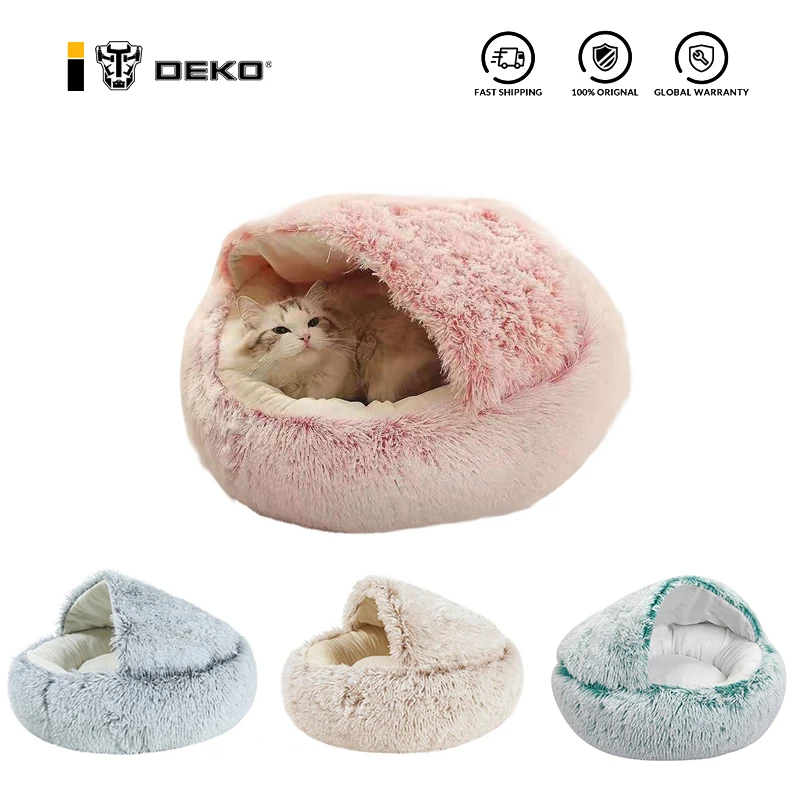 

DEKO Super Soft Pet Bed Long Plush Cat Bed Mat Kitten Warm Cotton Bed Breathable Semi-enclosed Cat Nest Square Sofa Bed Dual-Use