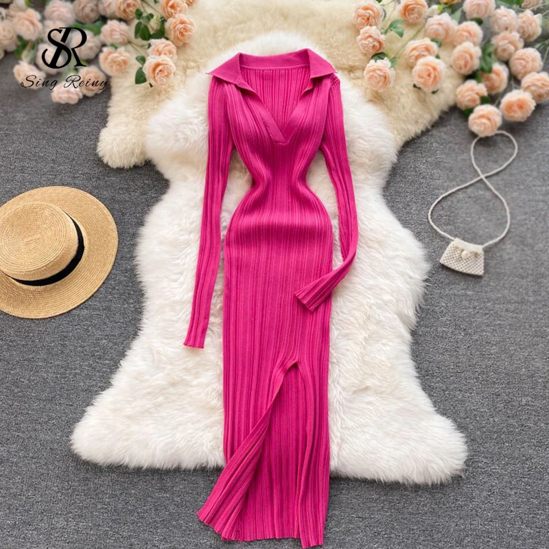 

Women Korean Knitted Dress Long Sleeve V Neck Elastic Slim Pencil Dresses 2021 Autumn Sexy Bodycon Split Sweater Dress