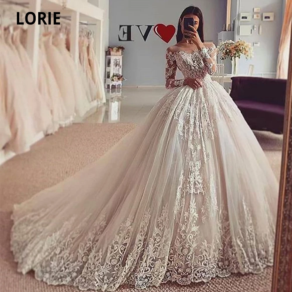 

LORIE Long Sleeve Lace Appliques Wedding Dresses Ball Gown Bridal Gowns Plus Size illusion Marriage Princess Party Dress 2020