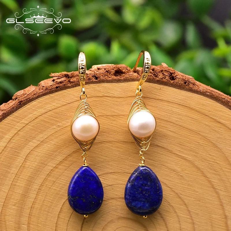 GLSEEVO натуральные пресноводные жемчужные серьги в виде капель с Lapis Lazuli кулон для