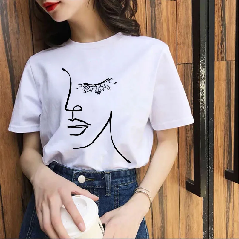 

Line Art Abstract Painting Printed Lady Harajuku Funny Print Short Sleeve T-Shirt Fashion Women O-Neck Casual Female Tops Tee