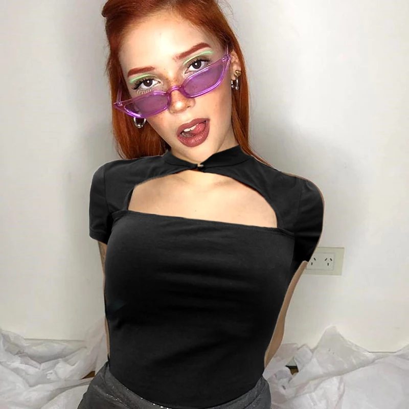 Повседневные Черные женские футболки в китайском стиле Харадзюку короткий рукав