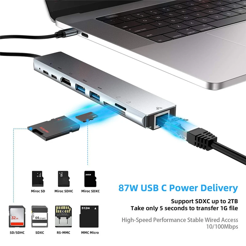 8 in 1 Type-C HUB USB-C to 4K HDMI-compatible USB3.0 RJ45 PD TF Memory Card Converter Adapter Extension Docking Station for PC
8 in 1 Type-C HUB USB-C to 4K HDMI-compatible USB3.0 RJ45 PD TF Memory Card Converter Adapter Extension Docking Station for PC