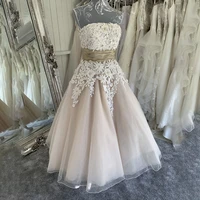 a line knee length champagne lace applique wedding dress ruched waistline short bridal dress traje de novia
