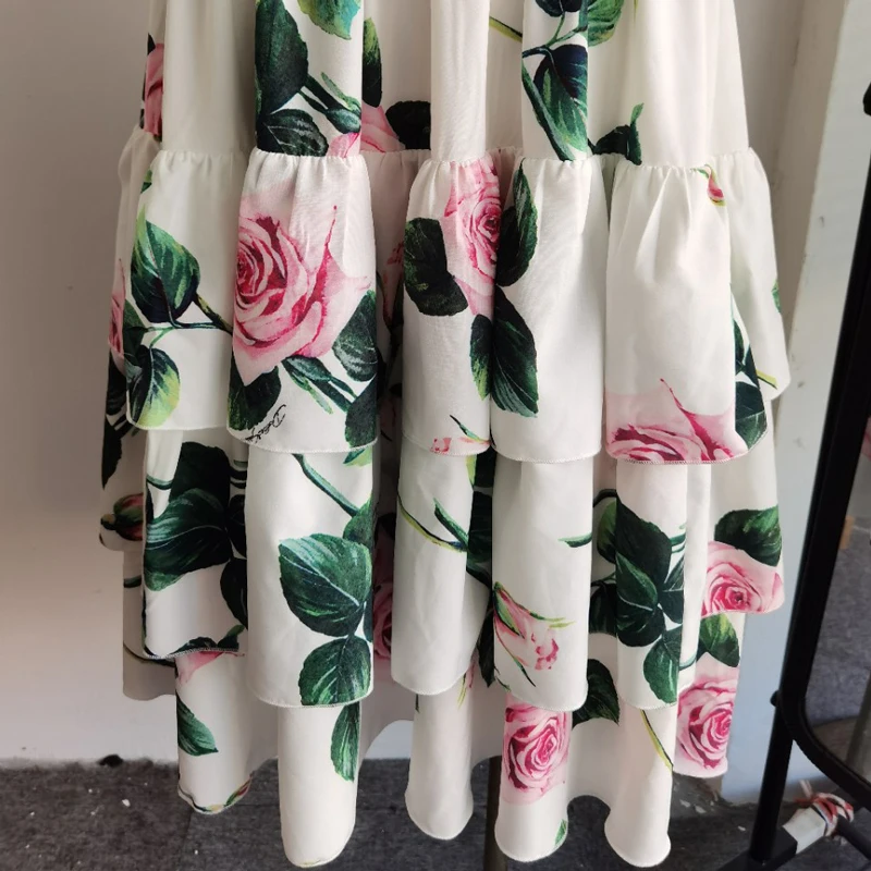 

Gedivoen Fashion Designer Summer Dress Women Spaghetti Strap Floral Rose Print Cascading Ruffle Dress Elegant Short Mini Dresses