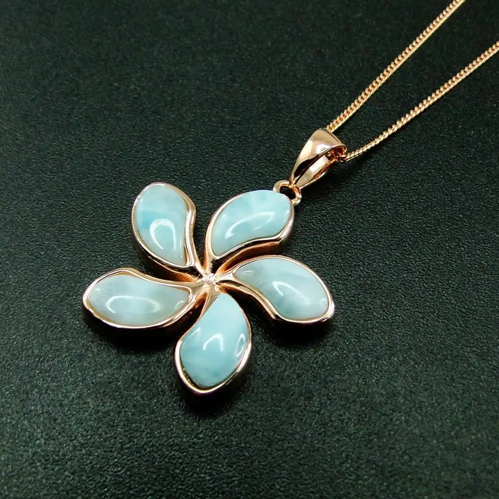 925 Sterling Silver Hawaiian Jewelry Natural Larimar 25mm Plumeria Flower Pendant Necklace For Gift |