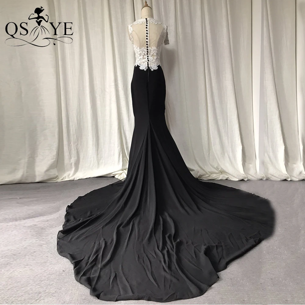 

QSYYE Broken Size Black Mermaid Evening Gown Luxury Long Train Tail Party Dress White Appliques Lace Formal Dress Buttons Back